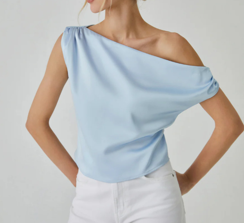 Commense womens small One Shoulder Off Knotted Blouse blue summer going out top